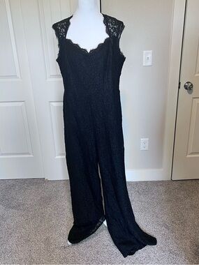 Adrianna Papell Black Evening Lace Lined Wide Leg  Zip up back Jumpsuit Sz 16